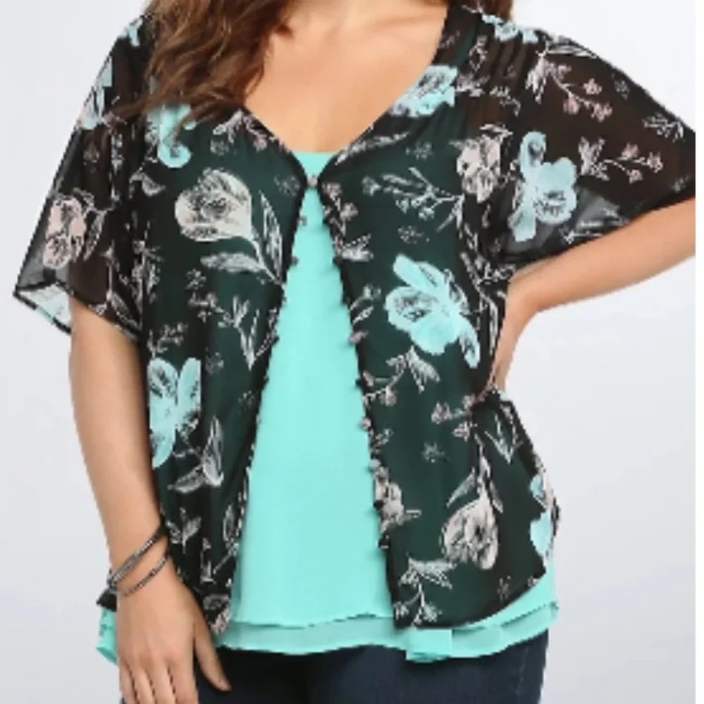 Torrid Black Floral Short Sleeve Semi-Sheer Blouse Size 0 - Picture 2 of 11